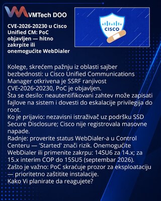 CVE-2026-20230 u Cisco Unified CM: PoC objavljen — hitno zakrpite ili onemogućite WebDialer