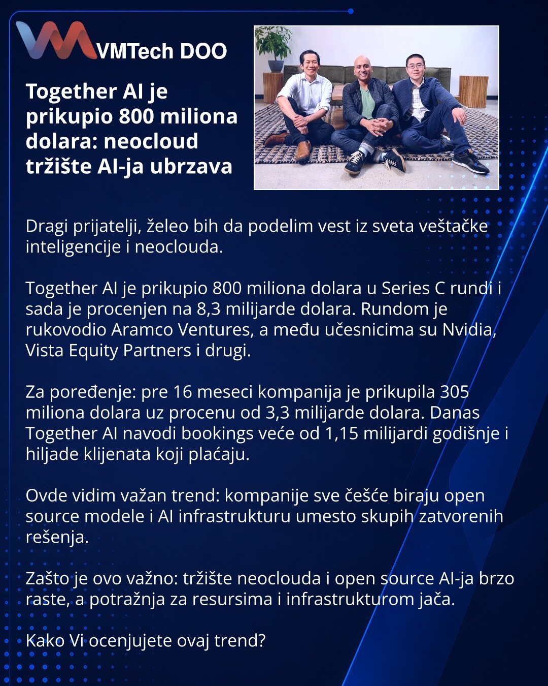 Together AI je prikupio 800 miliona dolara: neocloud tržište AI-ja ubrzava

Dragi prijatelji, želeo bih da podelim vest iz sveta veštačke inteligencije i neoclouda.

Together AI je prikupio 800 miliona dolara u Series C rundi i sada je procenjen na 8,3 milijarde dolara. Rundom je rukovodio Aramco Ventures, a među učesnicima su Nvidia, Vista Equity Partners i drugi.

Za poređenje: pre 16 meseci kompanija je prikupila 305 miliona dolara uz procenu od 3,3 milijarde dolara. Danas Together AI navodi