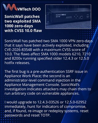 SonicWall fixes two actively exploited SMA 1000 vulnerabilities