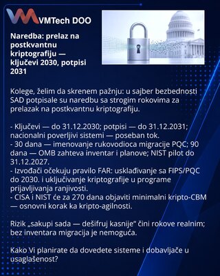 Naredba: prelaz na postkvantnu kriptografiju — ključevi 2030, potpisi 2031