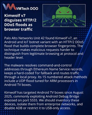 Kimwolf v7 strengthens Android botnet DDoS and C2 resilience