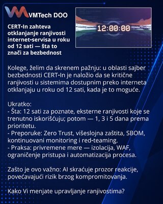 CERT‑In zahteva otklanjanje ranjivosti internet‑servisa u roku od 12 sati — šta to znači za bezbednost