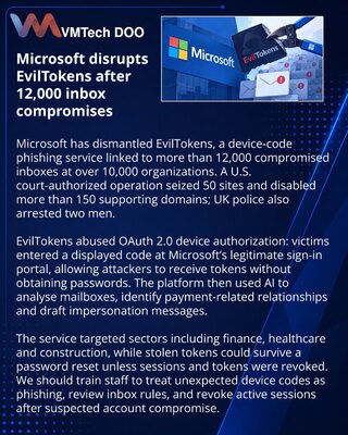 Microsoft disrupts EvilTokens device-code phishing operation
