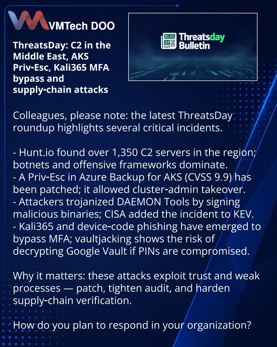 ThreatsDay: C2 na Bliskom istoku, propust AKS Priv‑Esc, Kali365 MFA‑bypass i napadi na lance snabdevanja

Kolege, skrećem pažnju: u sajberbezbednosti objavljen ThreatsDay s kritičnim incidentima.

- Hunt.io otkrio preko 1.350 C2 servera u regionu; botneti i offensive-frameworki dominiraju.
- Ispravljen Priv‑Esc u Azure Backup za AKS (CVSS 9.9); ranjivost je davala cluster‑admin prava.
- Napadači su trojanizovali DAEMON Tools i potpisali maliciozne binarne; CISA je uvrstila incident u KEV.
- Poja