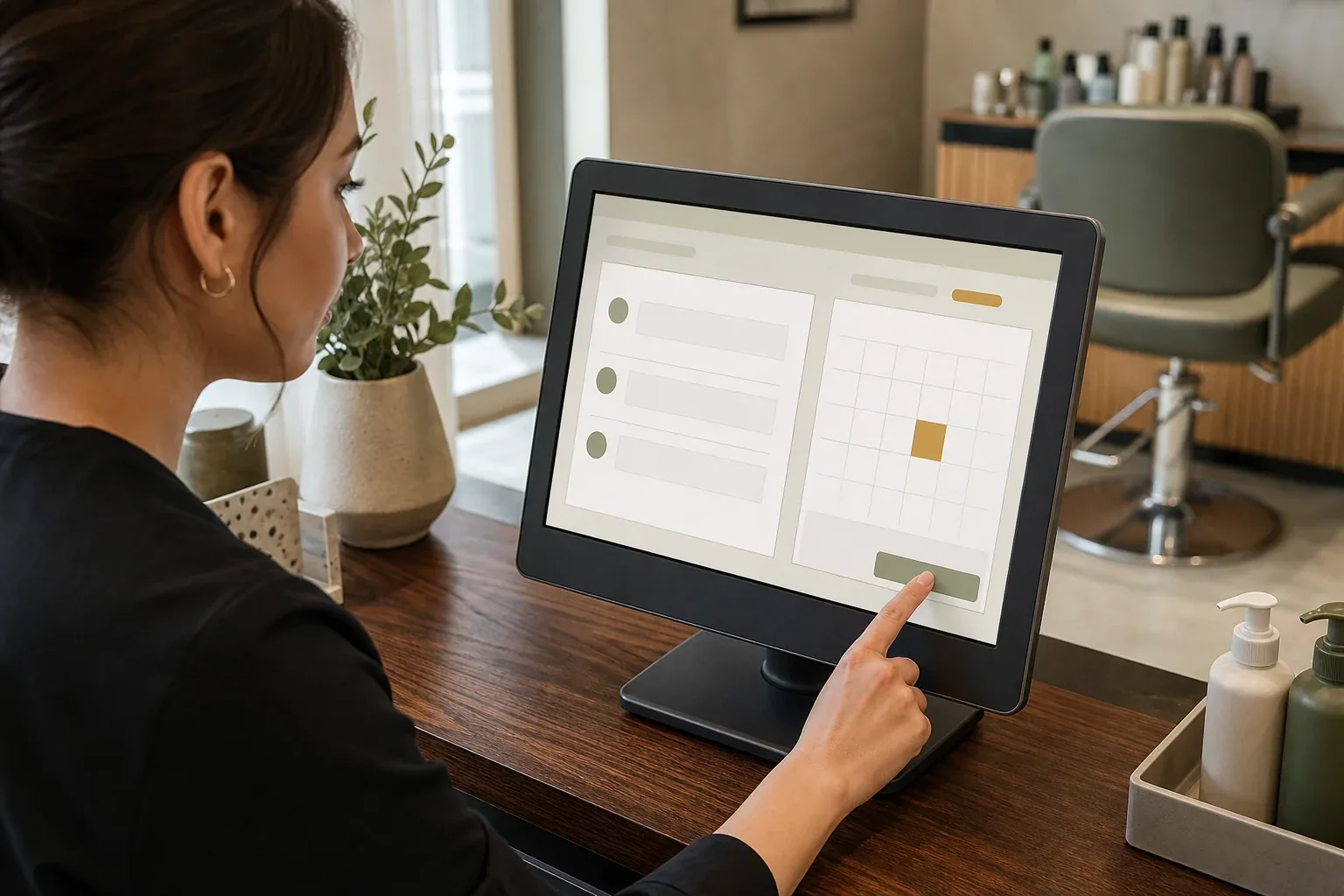 A salon receptionist checks collected appointment details against an available calendar slot before confirming the booking.