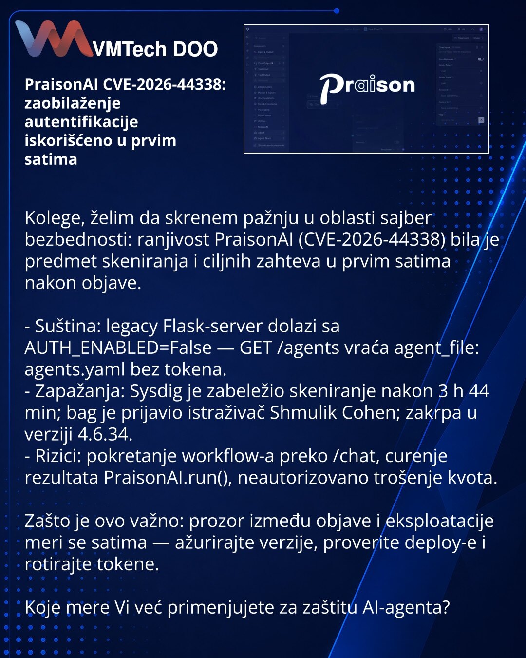 PraisonAI CVE-2026-44338: zaobilaženje autentifikacije iskorišćeno u prvim satima

Kolege, želim da skrenem pažnju u oblasti sajber bezbednosti: ranjivost PraisonAI (CVE-2026-44338) bila je predmet skeniranja i ciljnih zahteva u prvim satima nakon objave.

- Suština: legacy Flask-server dolazi sa AUTH_ENABLED=False — GET /agents vraća agent_file: agents.yaml bez tokena.
- Zapažanja: Sysdig je zabeležio skeniranje nakon 3 h 44 min; bag je prijavio istraživač Shmulik Cohen; zakrpa u verziji 4.6.34