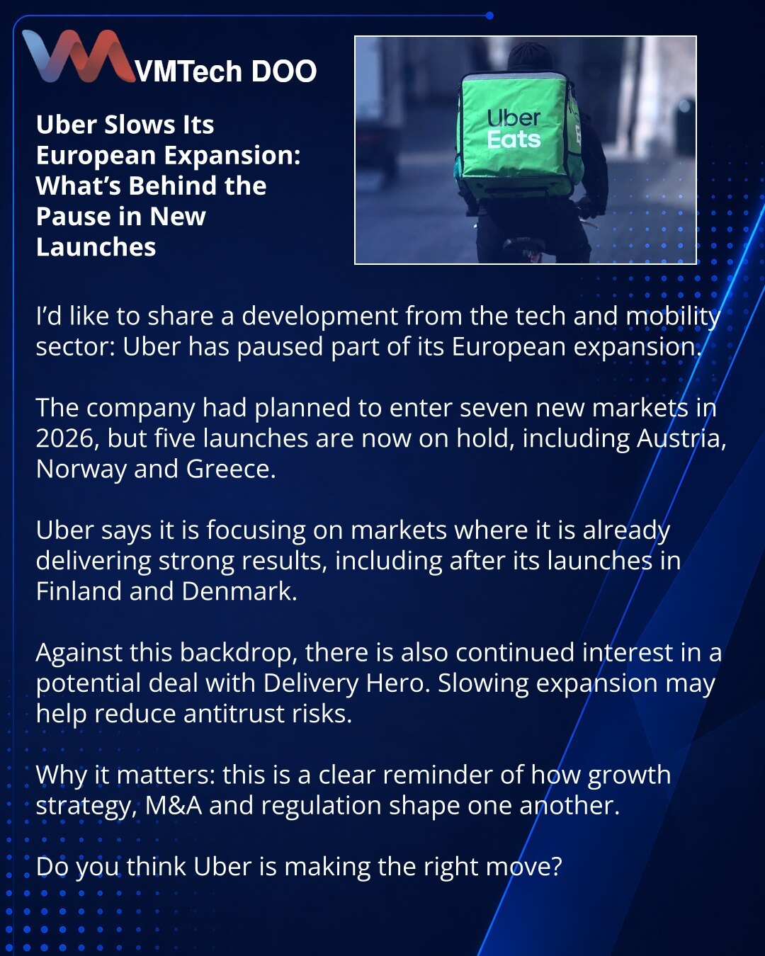 Uber usporio širenje u Evropi: šta stoji iza pauze u novim lansiranjima

Dragi prijatelji, želim da podelim vest iz sveta tehnologije i usluga: Uber je stavio na čekanje deo svoje evropske ekspanzije.

Kompanija je planirala ulazak na 7 novih tržišta u 2026. godini, ali je 5 lansiranja sada odloženo. Među njima su Austrija, Norveška i Grčka.

Uber navodi fokus na tržištima na kojima već ostvaruje dobre rezultate, uključujući posle lansiranja u Finskoj i Danskoj.

Istovremeno, vidim i interesovan