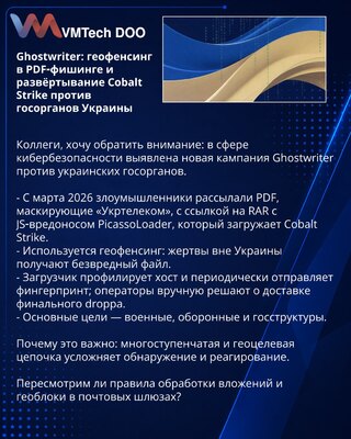 Ghostwriter: geofencing u PDF‑fišingu i raspoređivanje Cobalt Strike protiv državnih organa Ukrajine