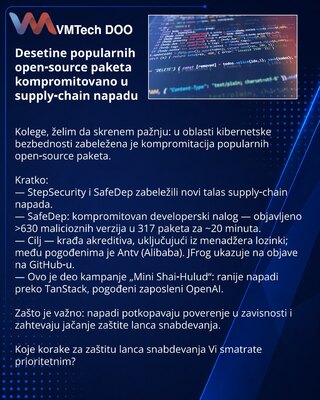 Desetine popularnih open‑source paketa kompromitovano u supply‑chain napadu