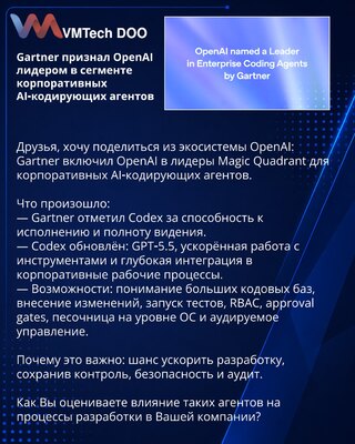 Gartner признал OpenAI лидером в сегменте корпоративных AI‑кодирующих агентов