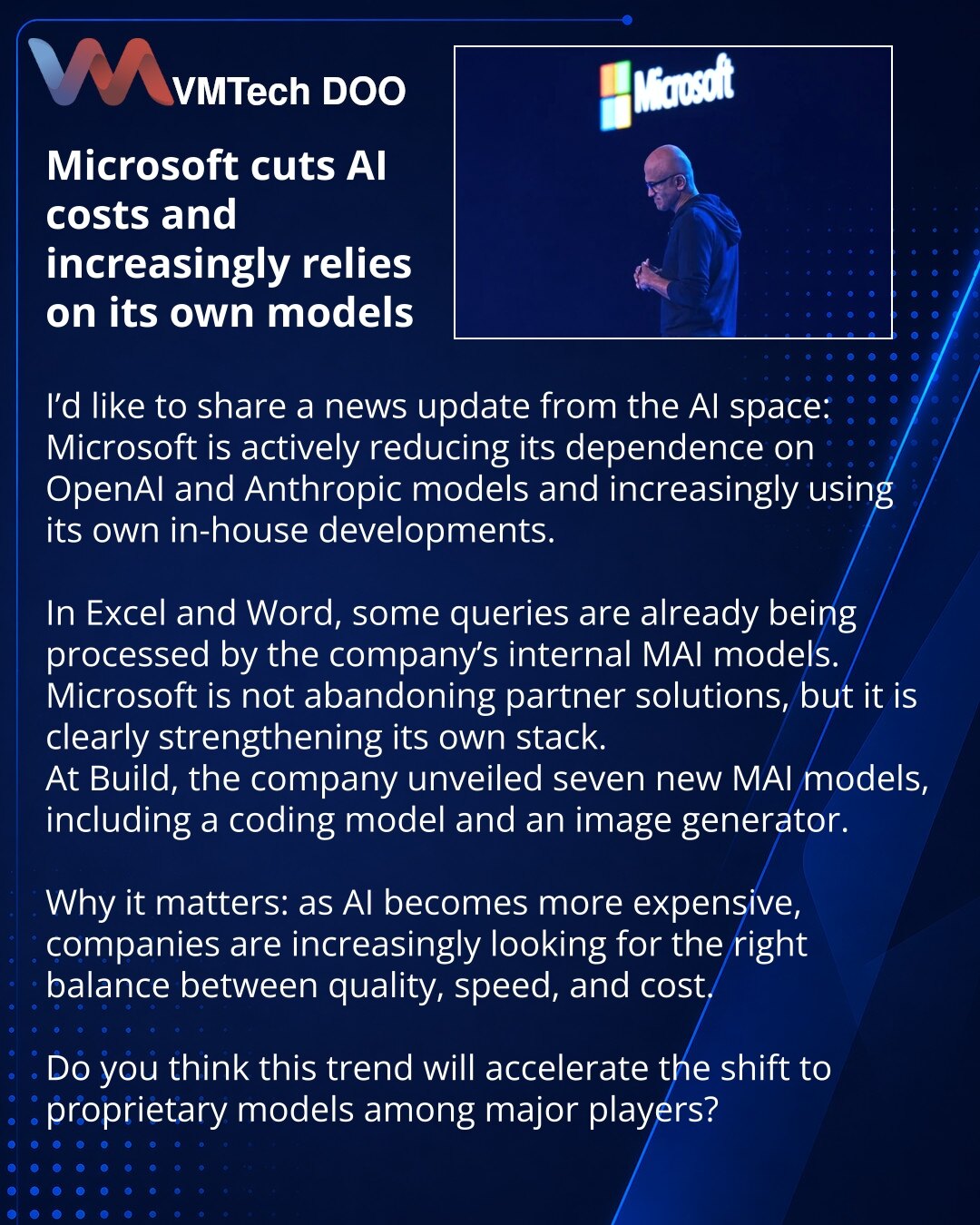 Microsoft smanjuje troškove za AI i sve se više oslanja na sopstvene modele

Dragi prijatelji, želim da podelim vest iz sveta veštačke inteligencije: Microsoft je počeo aktivnije da smanjuje zavisnost od modela OpenAI i Anthropic, i sve češće koristi sopstvena rešenja.

U Excelu i Wordu deo upita već obrađuju interne MAI modele kompanije.
Microsoft se pritom ne odriče partnerskih rešenja, ali jasno jača sopstveni tehnološki stack.
Na Build konferenciji kompanija je predstavila čak sedam novih MA