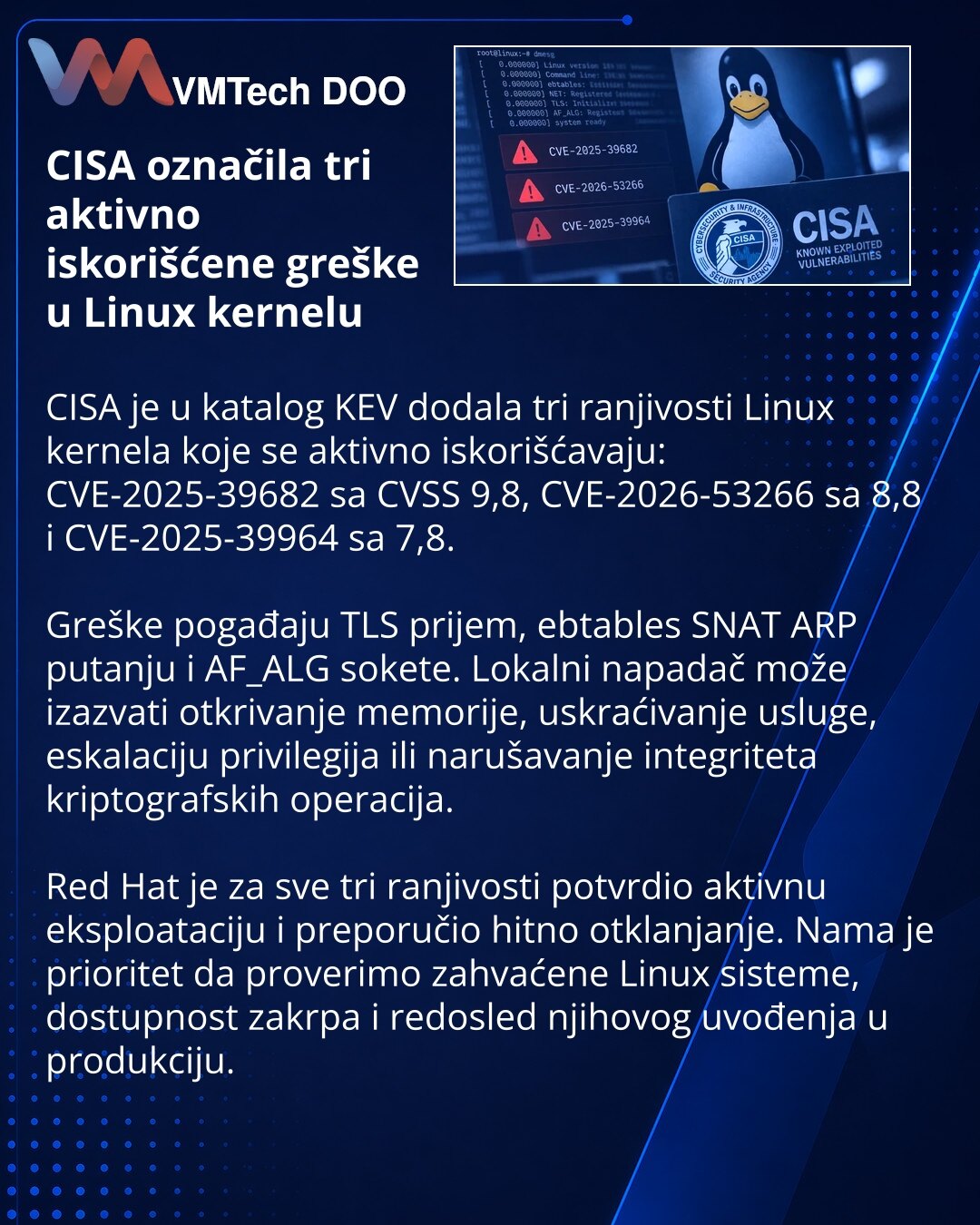 CISA upozorava na tri aktivno iskorišćene greške Linux kernela