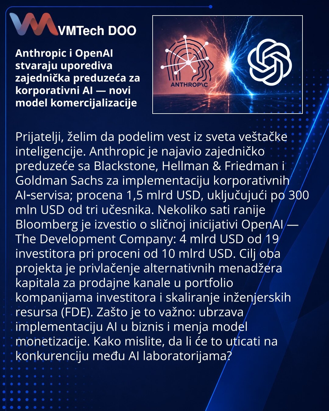Anthropic i OpenAI stvaraju uporediva zajednička preduzeća za korporativni AI — novi model komercijalizacije

Prijatelji, želim da podelim vest iz sveta veštačke inteligencije. Anthropic je najavio zajedničko preduzeće sa Blackstone, Hellman & Friedman i Goldman Sachs za implementaciju korporativnih AI‑servisa; procena 1,5 mlrd USD, uključujući po 300 mln USD od tri učesnika. Nekoliko sati ranije Bloomberg je izvestio o sličnoj inicijativi OpenAI — The Development Company: 4 mlrd USD od 19 inves