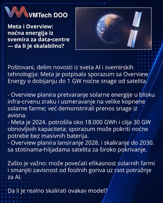 Meta i Overview: noćna energija iz svemira za data‑centre — da li je skalabilno?