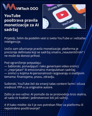YouTube pooštrava pravila monetizacije za AI sadržaj
