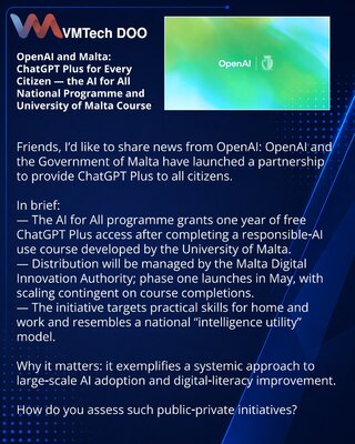 OpenAI i Malta: ChatGPT Plus za sve građane — nacionalni program AI for All i kurs Univerziteta Malte