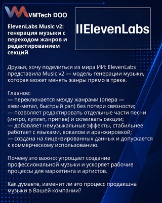 ElevenLabs Music v2: generisanje muzike s prelazima žanrova i uređivanjem sekcija