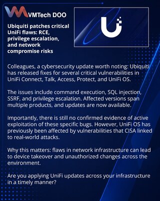 Ubiquiti je zatvorio kritične ranjivosti u UniFi: rizik od RCE, eskalacije privilegija i napada na mrežu