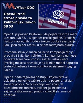 OpenAI traži jače zaštite u kalifornijskom zakonu SB 53