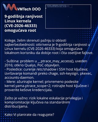 9-godišnja ranjivost Linux kernela (CVE-2026-46333) omogućava root