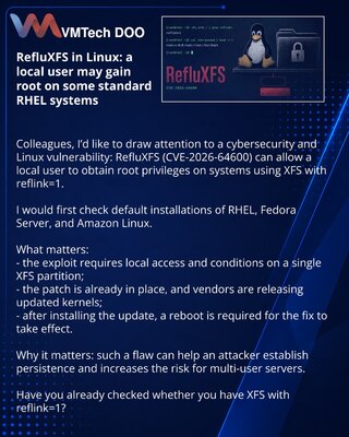RefluXFS u Linuxu: lokalni korisnik može dobiti root na delu standardnih RHEL sistema