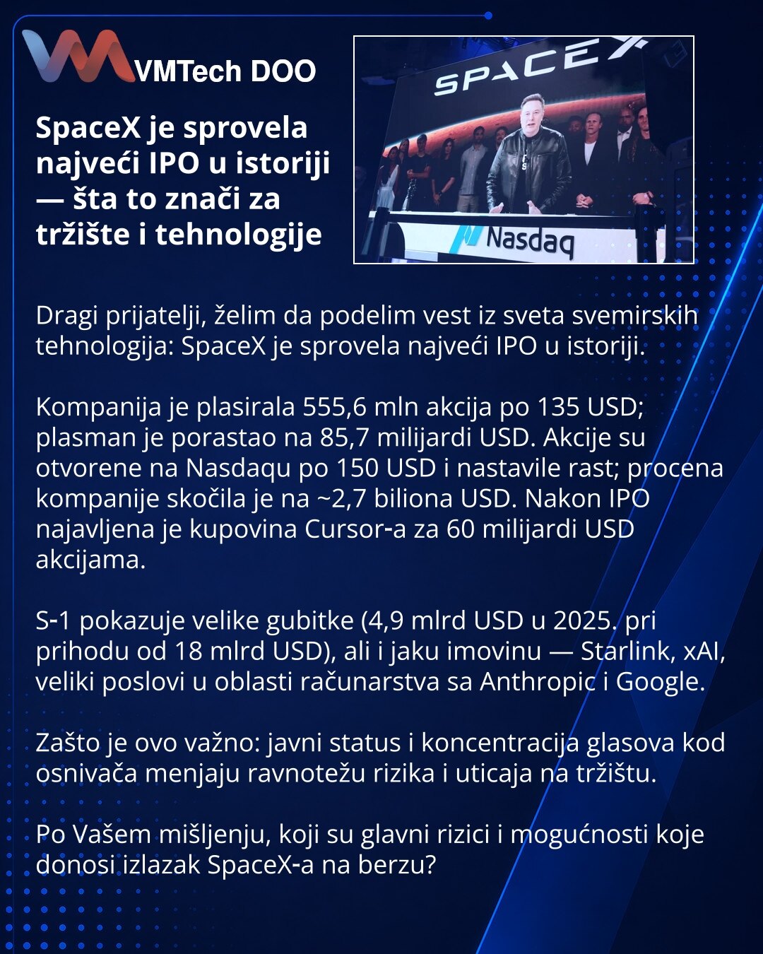 SpaceX je sprovela najveći IPO u istoriji — šta to znači za tržište i tehnologije

Dragi prijatelji, želim da podelim vest iz sveta svemirskih tehnologija: SpaceX je sprovela najveći IPO u istoriji.

Kompanija je plasirala 555,6 mln akcija po 135 USD; plasman je porastao na 85,7 milijardi USD. Akcije su otvorene na Nasdaqu po 150 USD i nastavile rast; procena kompanije skočila je na ~2,7 biliona USD. Nakon IPO najavljena je kupovina Cursor‑a za 60 milijardi USD akcijama.

S‑1 pokazuje velike gub
