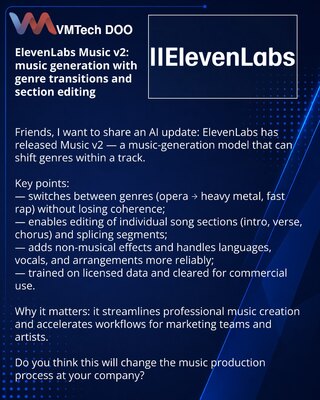 ElevenLabs Music v2: generisanje muzike s prelazima žanrova i uređivanjem sekcija