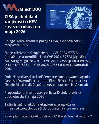 CISA je dodala 4 ranjivosti u KEV — savezni rokovi do maja 2026