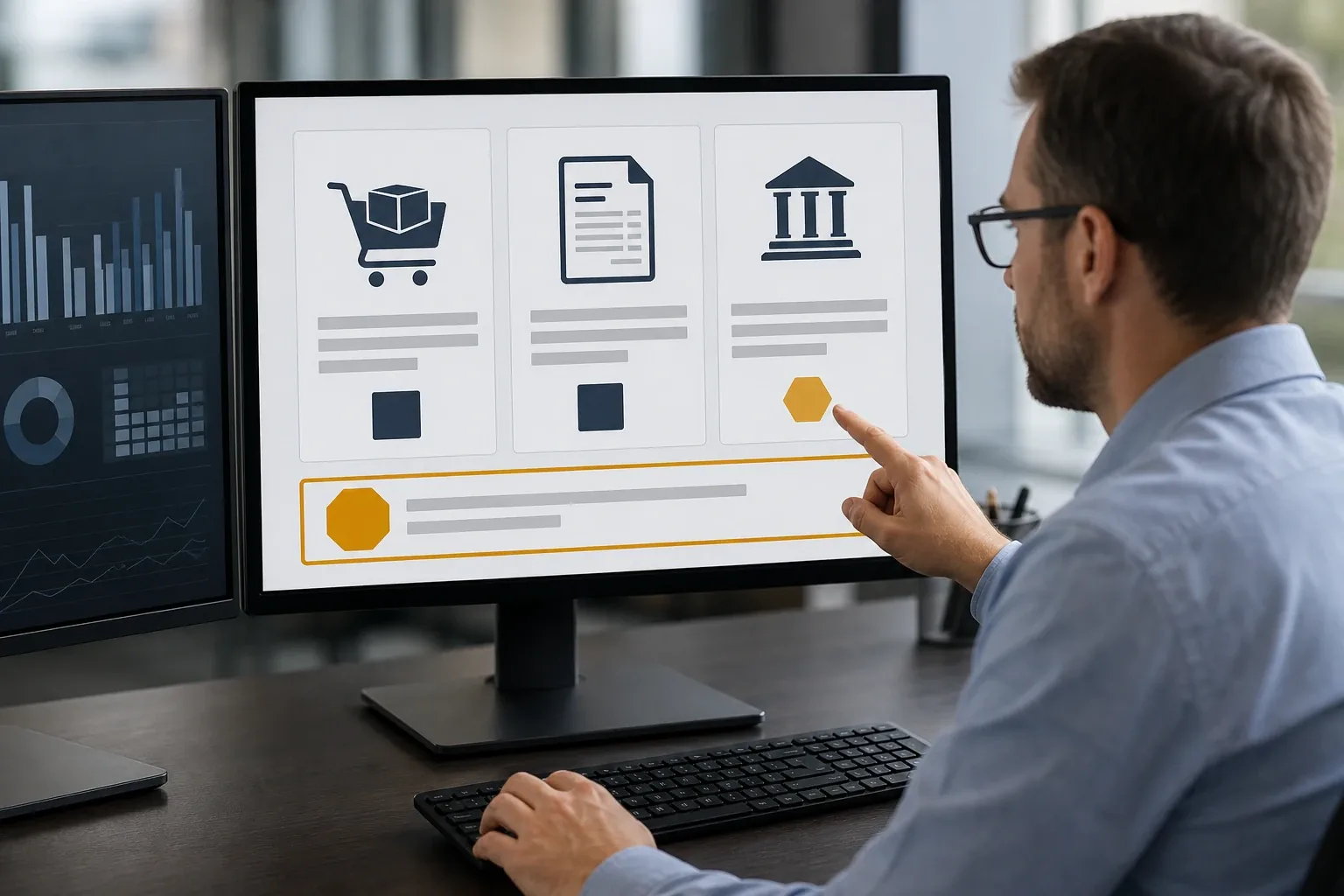 An accountant compares an order, an electronic invoice and a payment record on two screens while an identifier mismatch is held in an exception queue for review.