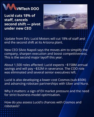Lucid smanjuje 18% kadra i ukida drugu smenu — promena kursa pod novim CEO