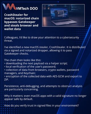 CrashStealer для macOS: notarized-цепочка обходит Gatekeeper и крадёт данные из браузеров и кошельков