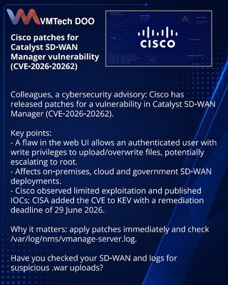 Zakrpe kompanije Cisco za ranjivost u Catalyst SD‑WAN Manager (CVE‑2026‑20262)