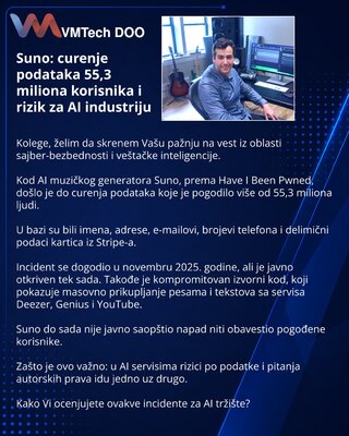 Suno: curenje podataka 55,3 miliona korisnika i rizik za AI industriju
