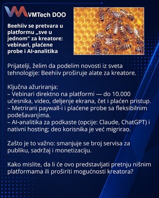Beehiiv se pretvara u platformu „sve u jednom" za kreatore: vebinari, plaćene probe i AI‑analitika