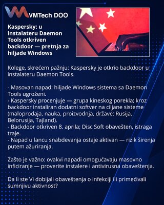 Kaspersky: u instalateru Daemon Tools otkriven backdoor — pretnja za hiljade Windows
