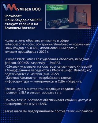 Showboat: Linux-бэкдор с SOCKS5 атакует телеком на Ближнем Востоке