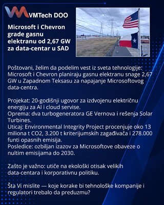 Microsoft i Chevron grade gasnu elektranu od 2,67 GW za data-centar u SAD