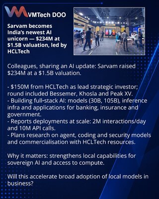 Sarvam becomes India’s newest AI unicorn — $234M at $1.5B valuation, led by HCLTech