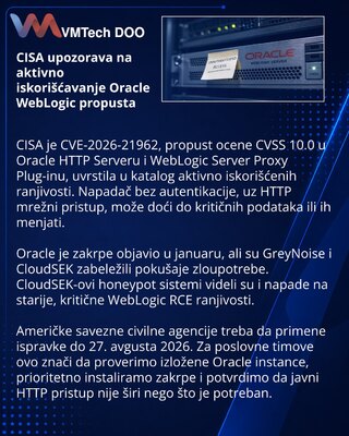 CISA beleži aktivne napade na kritični propust u Oracle WebLogicu