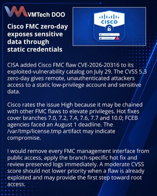Cisco objavio hitne zakrpe za aktivno iskorišćeni zero-day u FMC softveru