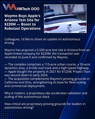 Waymo kupila test poligon Apple-a u Arizoni za 220 miliona dolara — jačanje baze za robotaksi