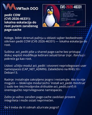 pedit COW (CVE-2026-46331): lokalna eskalacija do root putem zaraženog page-cache
