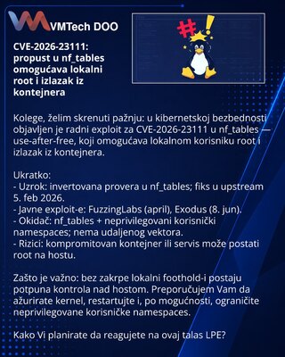 CVE-2026-23111: propust u nf_tables omogućava lokalni root i izlazak iz kontejnera