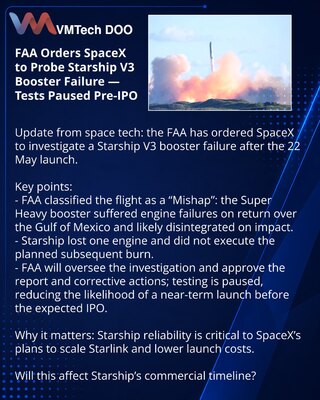 FAA требует от SpaceX расследовать отказ бустера Starship V3 — тесты приостановлены перед IPO