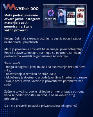 Meta podrazumevano otvara javne Instagram materijale za AI generisanje: šta je važno proveriti