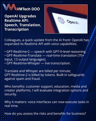 OpenAI je ažurirala Realtime API: govor, prevod i transkripcija