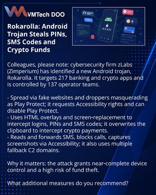 Rokarolla: Android‑trojanac krade PIN, SMS‑kodove i kripto‑sredstva