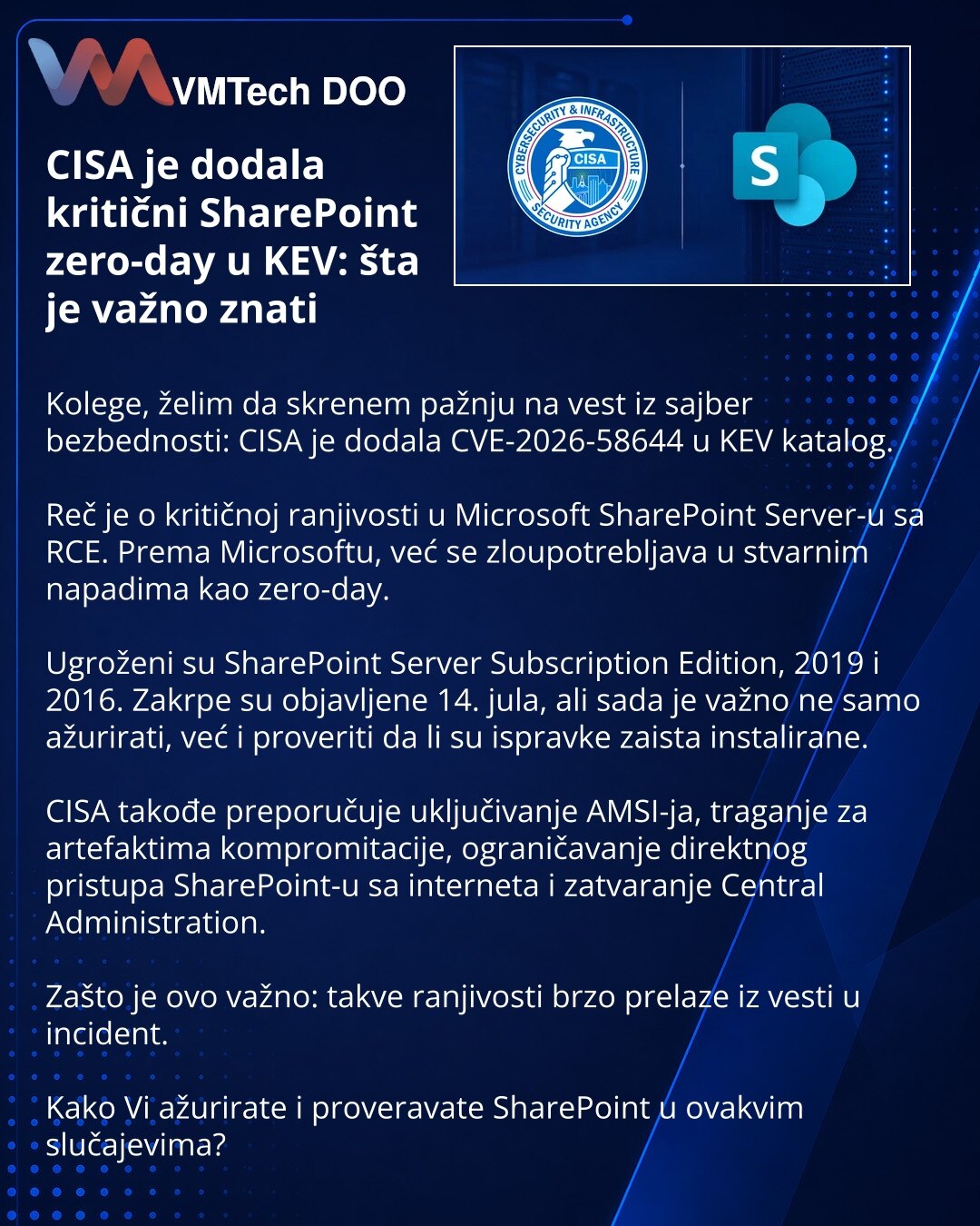 CISA je dodala kritični SharePoint zero-day u KEV: šta je važno znati