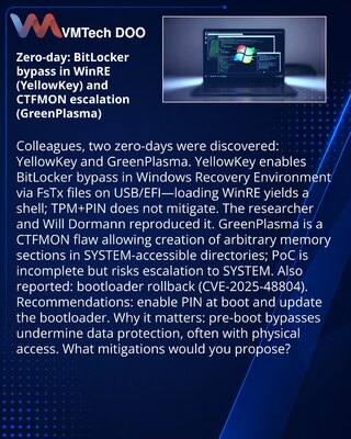 Zero-day: zaobilaženje BitLocker u WinRE (YellowKey) i eskalacija preko CTFMON (GreenPlasma)