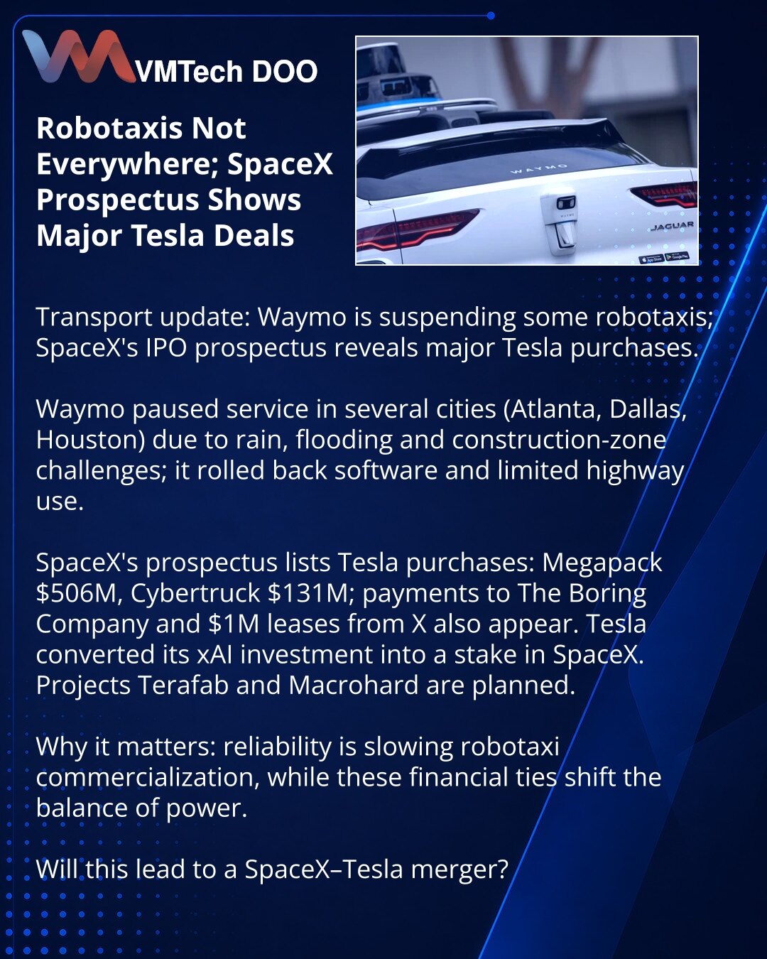 Robotaksi ne stižu svuda; u prospektu SpaceX velike transakcije sa Teslom

Poštovani, delim vesti iz transporta: Waymo privremeno obustavlja deo robotaksi, a u prospektu za IPO SpaceX otkrivene su velike nabavke od Tesle.

Waymo je obustavio servis u nekoliko gradova (npr. Atlanta, Dallas, Houston) zbog kiše, poplava i problema na gradilištima; povukao je softver i ograničio vožnje po autoputu.

Prospekt pokazuje nabavke od Tesle: Megapack — 506 mln USD, Cybertruck — 131 mln USD; zabeleženi su t